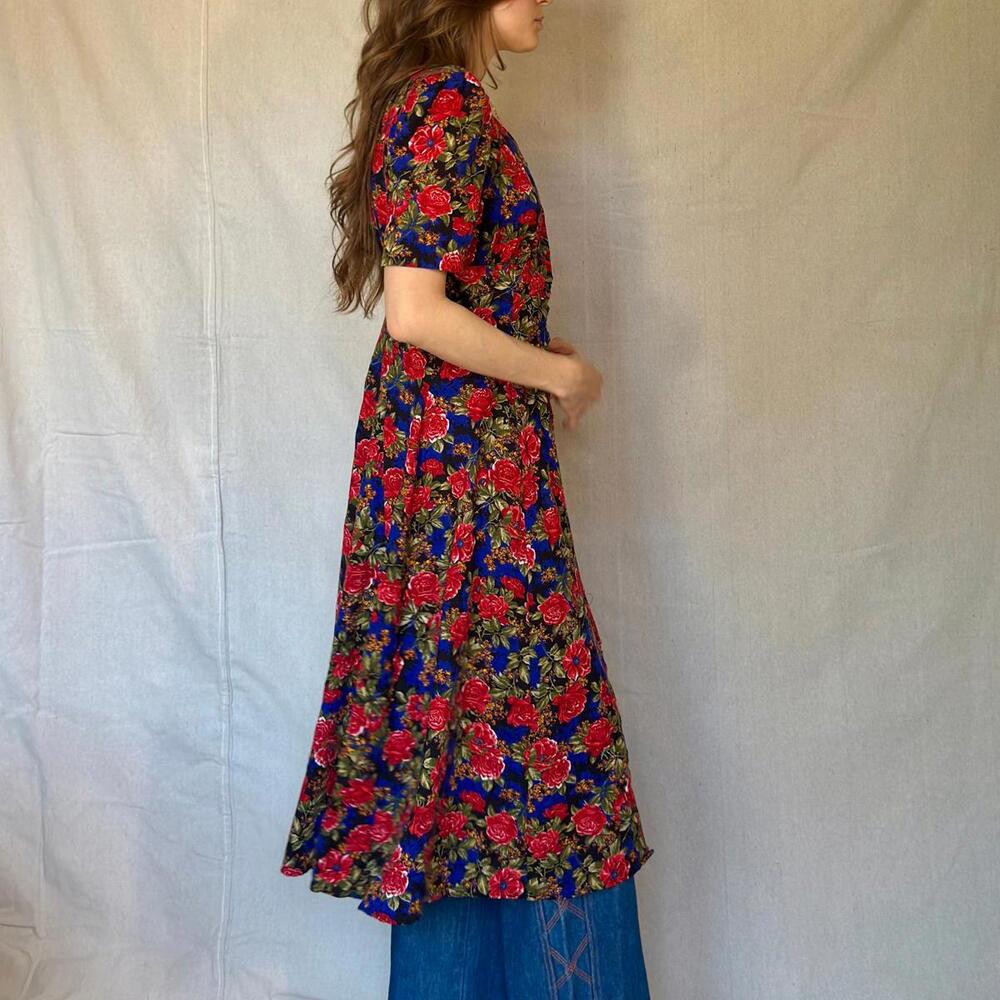 80s Black Floral Button Front Dress - Picture 7 of 12